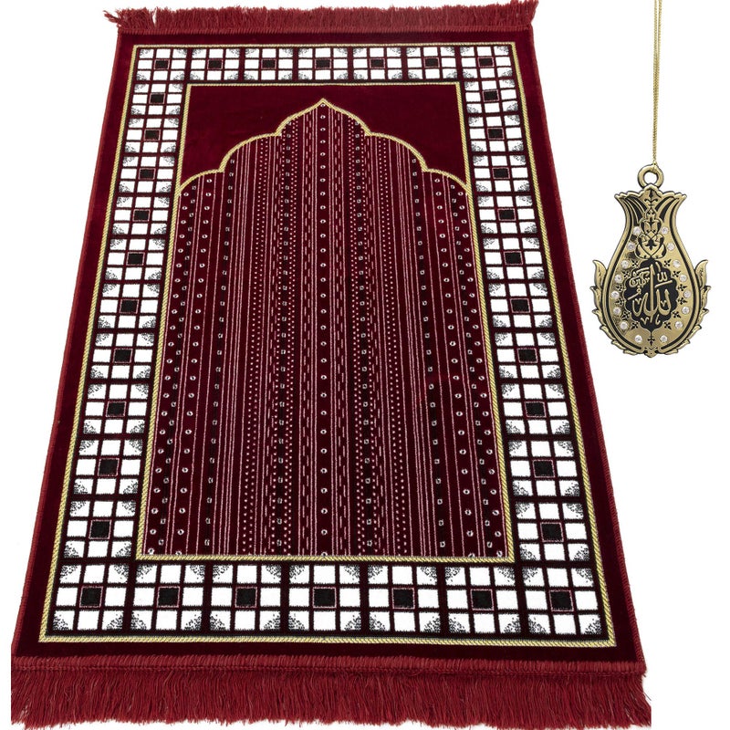 Modefa Prayer Mat - Thin Lightweight Velvet Turkish Muslim Prayer Rug - Prayer Rug Islam Men - Islamic Prayer Rug Sajjadah Prayer Mats Namaz Mat for Salah Islamic Gift Car Hanger - Vined Arch (Red) - Image 1
